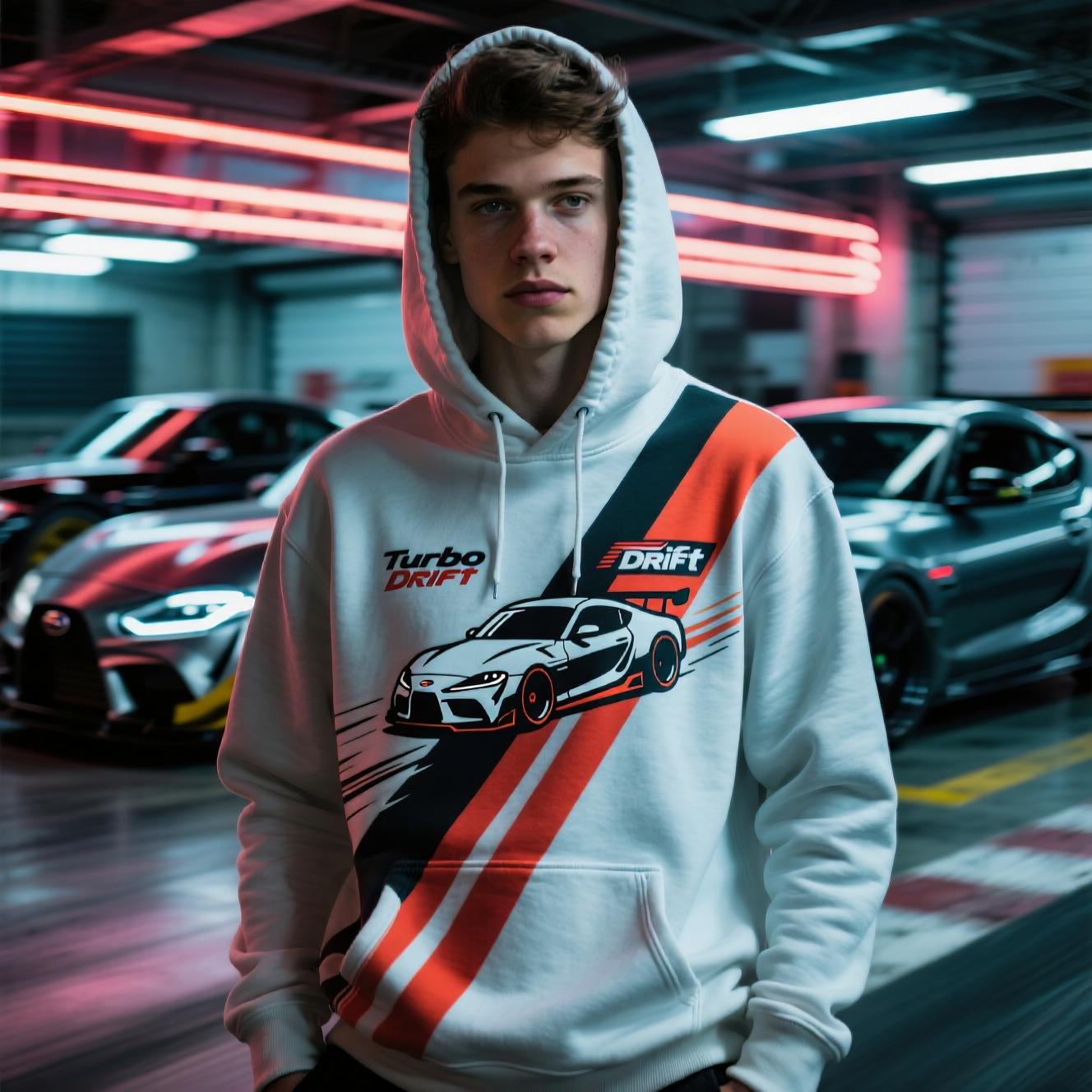 Turbo Drift hoodie with a racing-inspired design